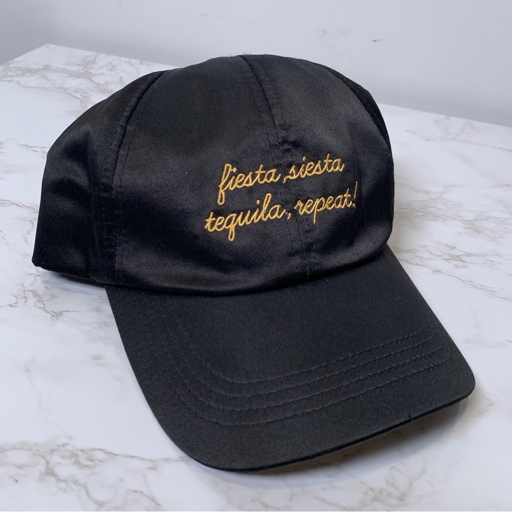 Fiesta Siesta Tequila Repeat Embroidered Black Satin Structured Baseball Cap - Picture 3 of 11